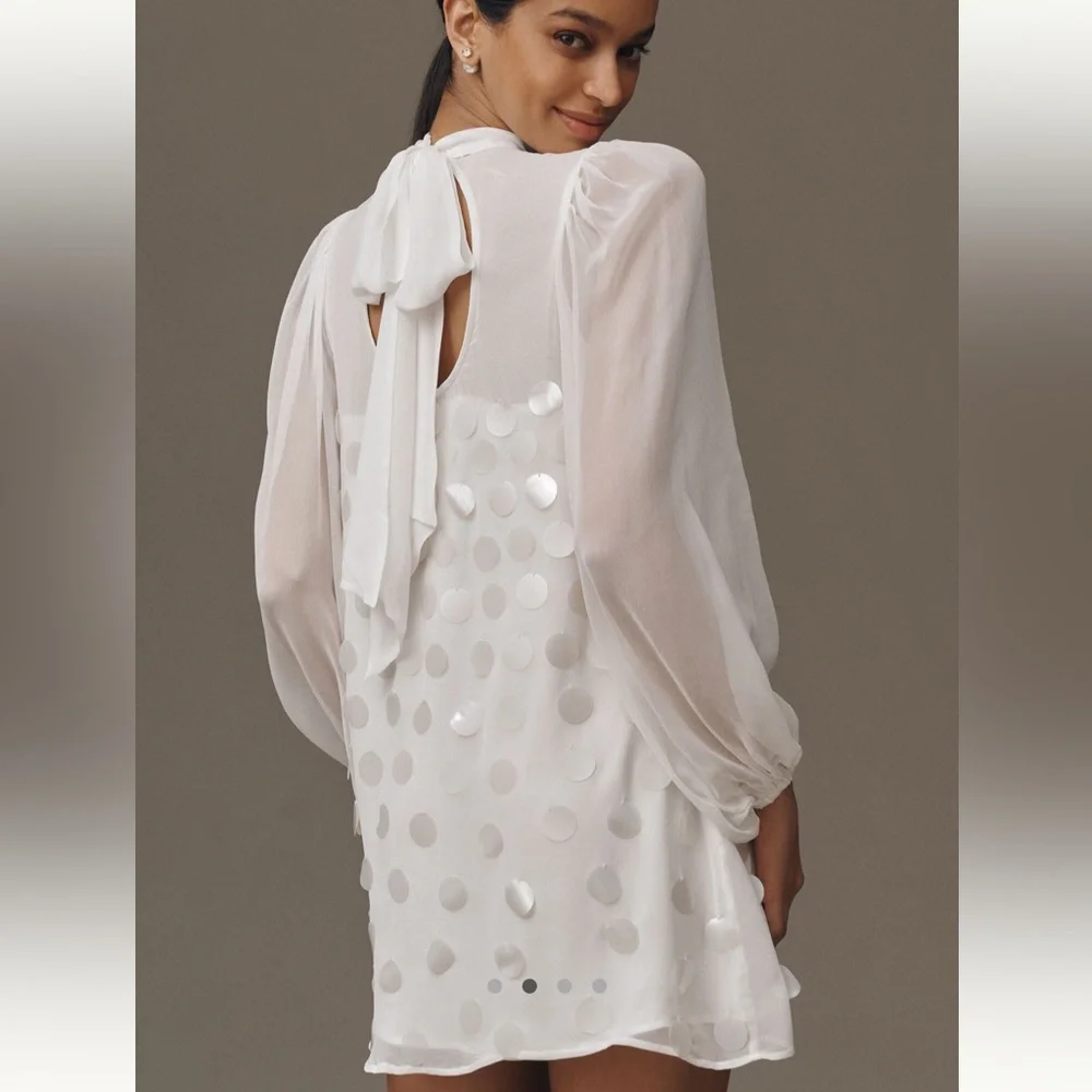 BHLDN White Sheer Long-Sleeve Mini Dress with Sequin Dots